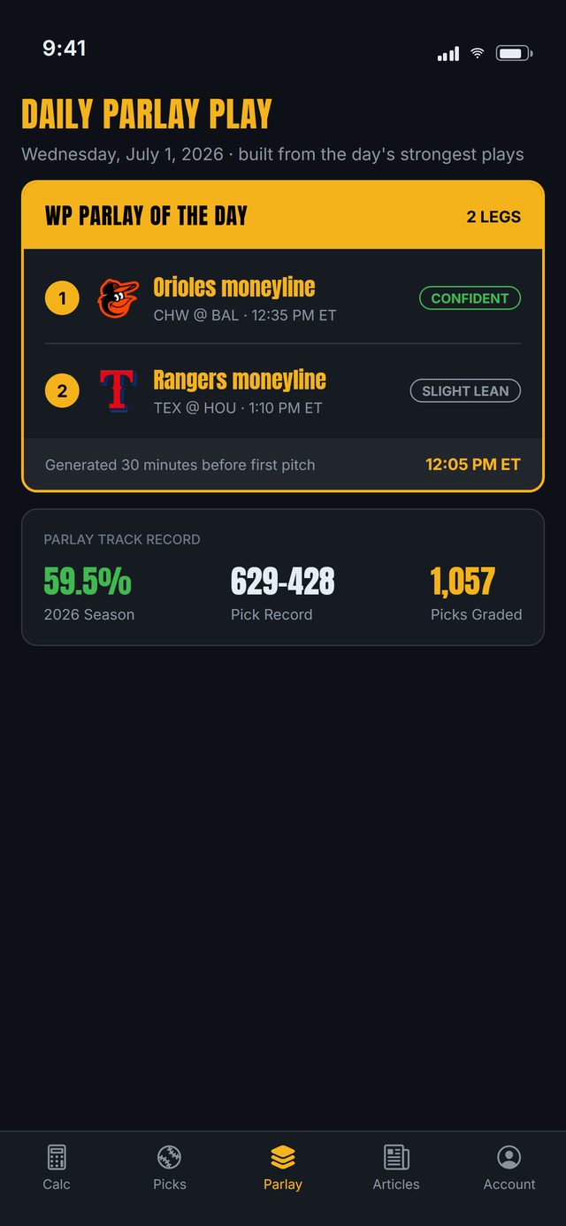 WP Baseball Predictor app showing a parlay