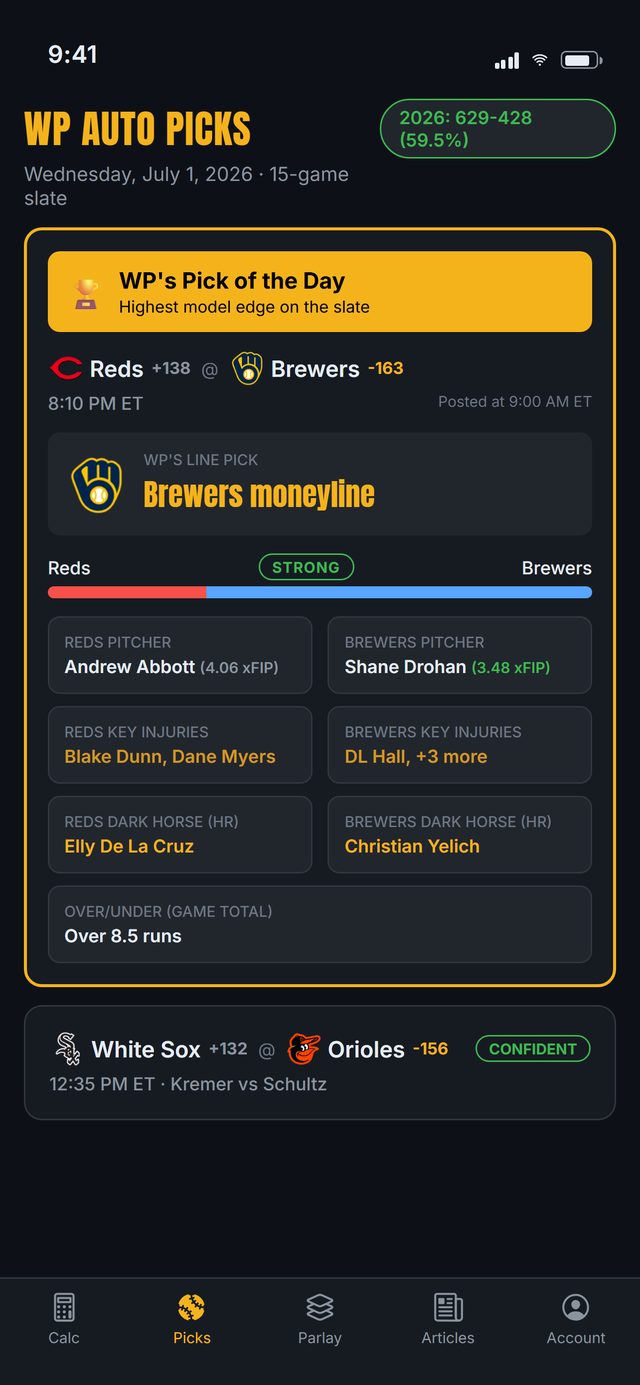 WP Baseball Predictor app showing picks
